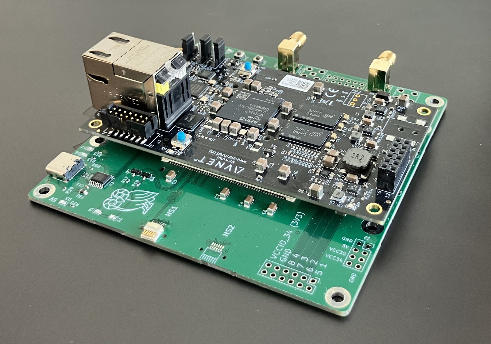 The GLANCE carrier board: a green PCB with the owl logo in white
              silkscreen, with a MicroZed system-on-module seated on top carrying
              the Zynq-7020 chip, gigabit Ethernet, USB-C and two SMA connectors.